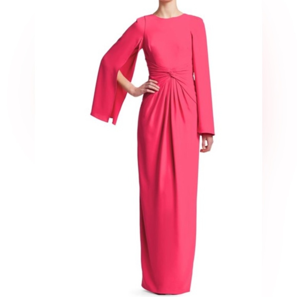 Theia twist knot front, hot pink, cape sleeve maxi gown, 10 - Picture 2 of 13